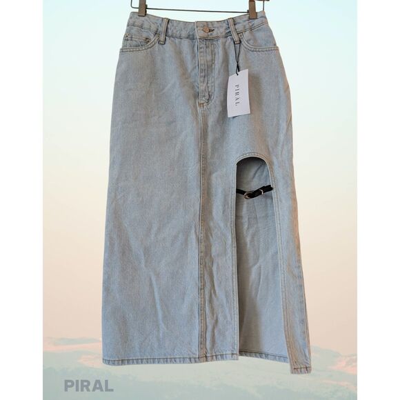 NWT Piral light blue denim midi front slit skirt  Sz S - Picture 1 of 8